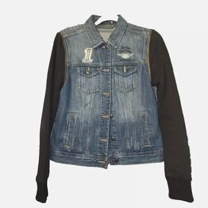 Harley Davidson Zip Off Sleeve Denim Jacket in Medium Indigo Stone Wash Size S